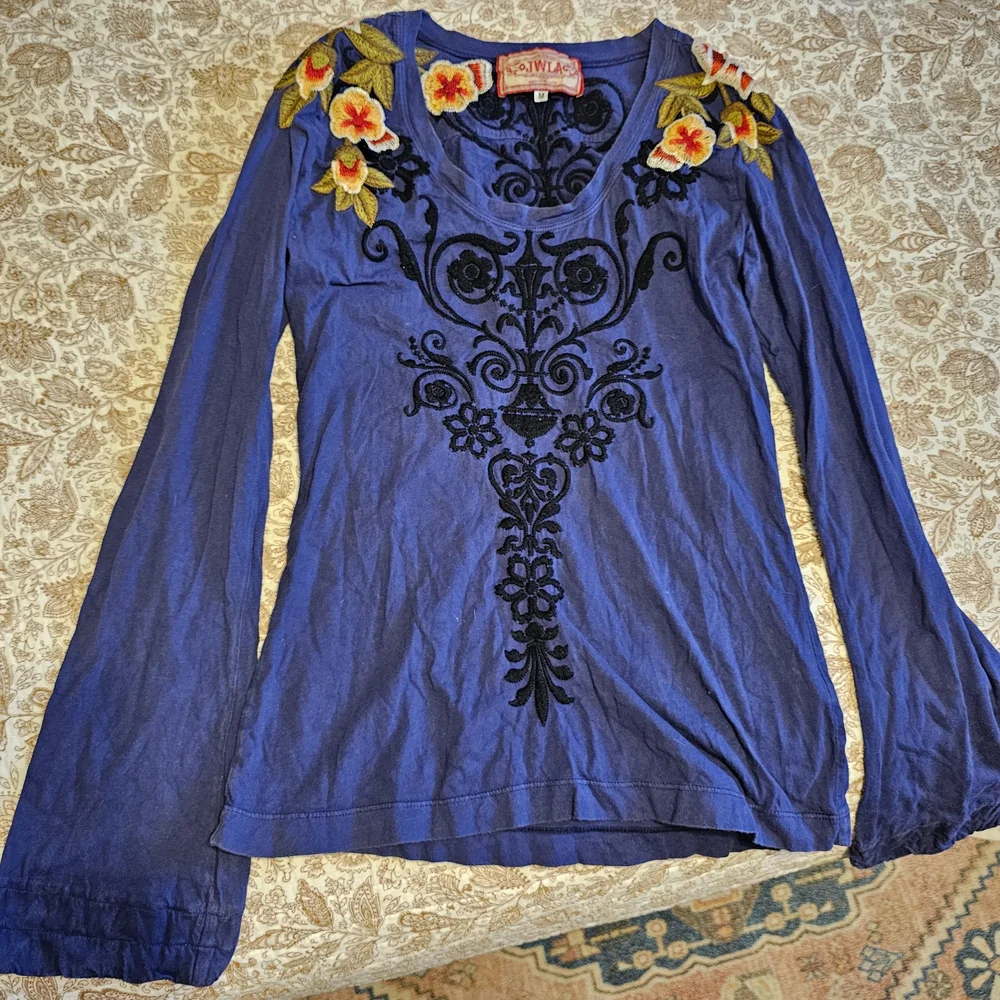 Johnny Was Blue Floral Embroidered Long Sleeve Top - Picture 1 of 6